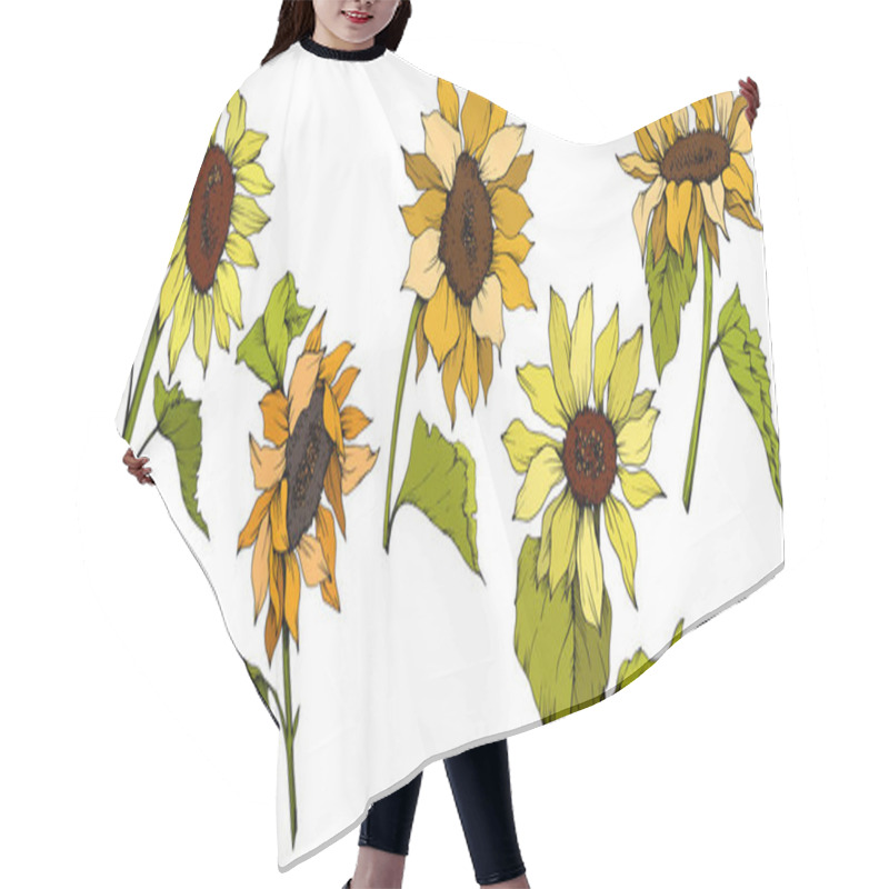 Personality  Vector Sunflower Floral Botanical Flowers. Yellow And Green Engraved Ink Art. Isolated Sunflower Illustration Element. Hair Cutting Cape