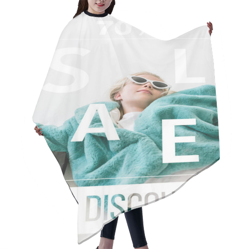 Personality  Beautiful Stylish Child In Turquoise Fur Coat Lying With Black Shopping Bag On White, Big Discount Sale Banner Concept Hair Cutting Cape