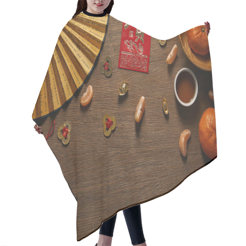 Personality  Top View Of Chinese New Year Composition On Wooden Surface Hair Cutting Cape