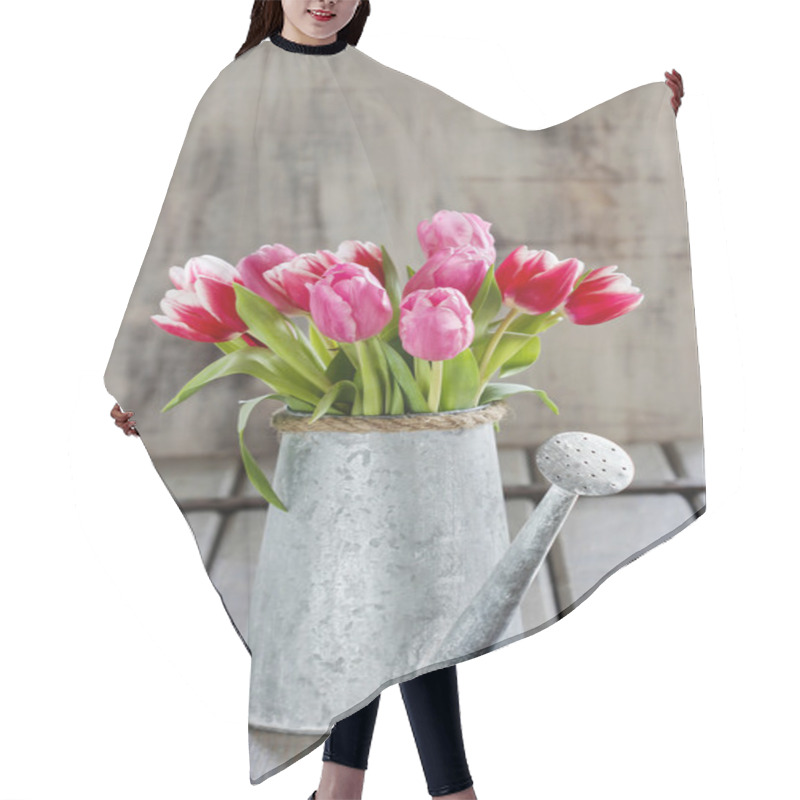 Personality  Bouquet Of Pink And Red Tulips In Silver Watering Can Hair Cutting Cape