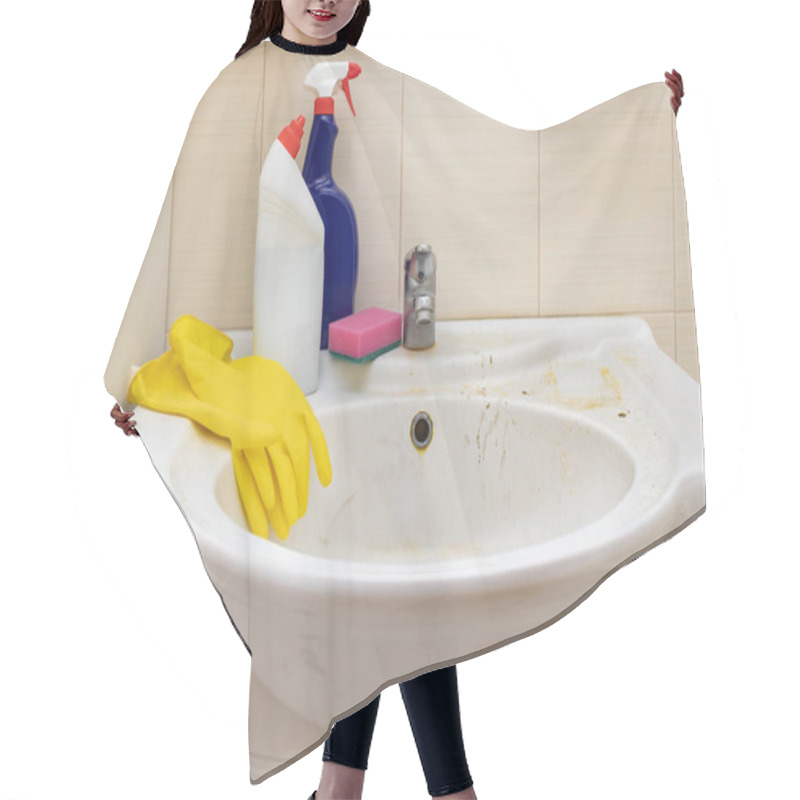 Personality  Means , Tools For Cleaning And Desinfecting Dirty Rusty Washbowl, Basin With Limrscale And Soap Stains Hair Cutting Cape