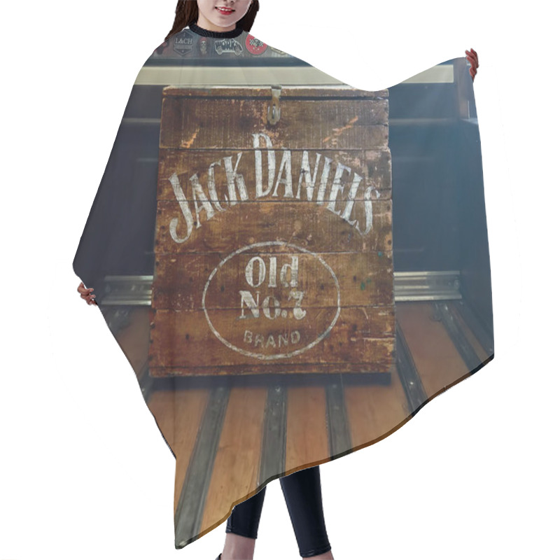 Personality  Worn Wooden Jack Daniels Old No. 7 Whiskey Box On The Bed Of A Pickup Truck. Emblem Logo And Brand. White Letters. Hair Cutting Cape