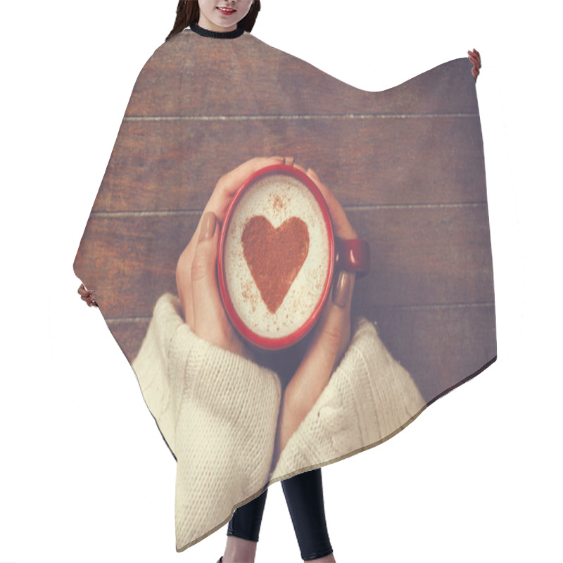 Personality  Woman Holding Hot Cup Of Coffee, With Heart Shape Hair Cutting Cape