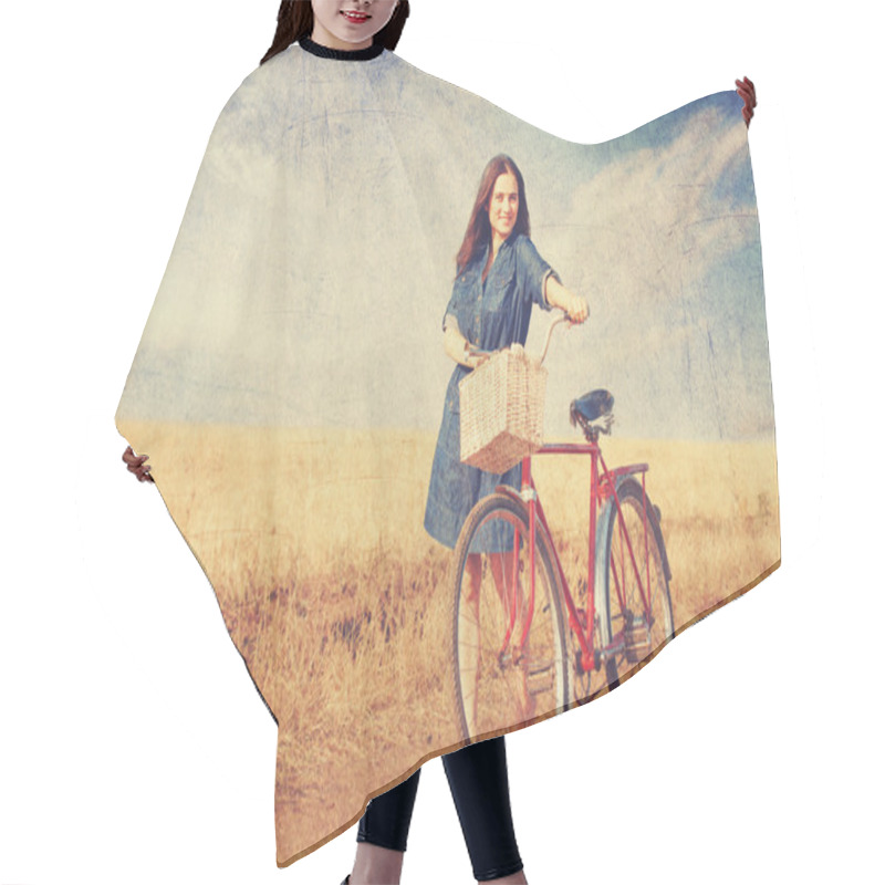 Personality  Brunette Girl  With Bycicle On Countryside Road. Hair Cutting Cape