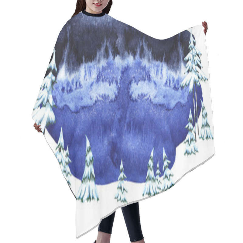 Personality  Panoramic Pattern Of Dark Blue Sky And Snow-covered Pointed Fir Trees. Watercolor Hand Painted Isolated Elements On White Background. Winter  Snowy Forest Theme. Frozen Season. Hair Cutting Cape