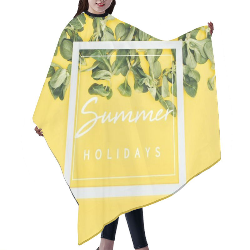 Personality  White Frame With Words Summer Holidays And Green Leaves On Yellow  Hair Cutting Cape