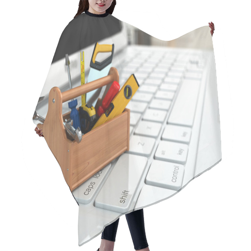 Personality  Online Support. Toolbox With Tools On Laptop. Hair Cutting Cape