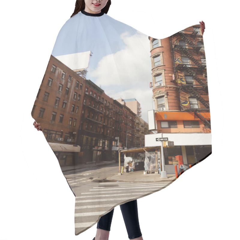 Personality  Vintage Building With Fire Escape Stairs Near Pedestrian Crossing On Street Corner In New York City Hair Cutting Cape