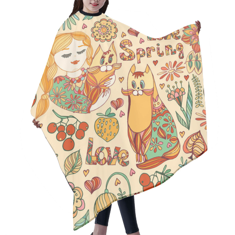 Personality  Decorative Seamless Pattern With Young Girls, Cat, Bird, Flowers Hair Cutting Cape