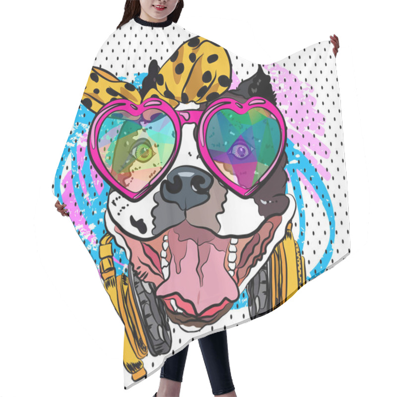 Personality  Cartoon Dog Print. Fun Poster. Sketch Vector Comic Portrait. Cool Girl. Hair Cutting Cape