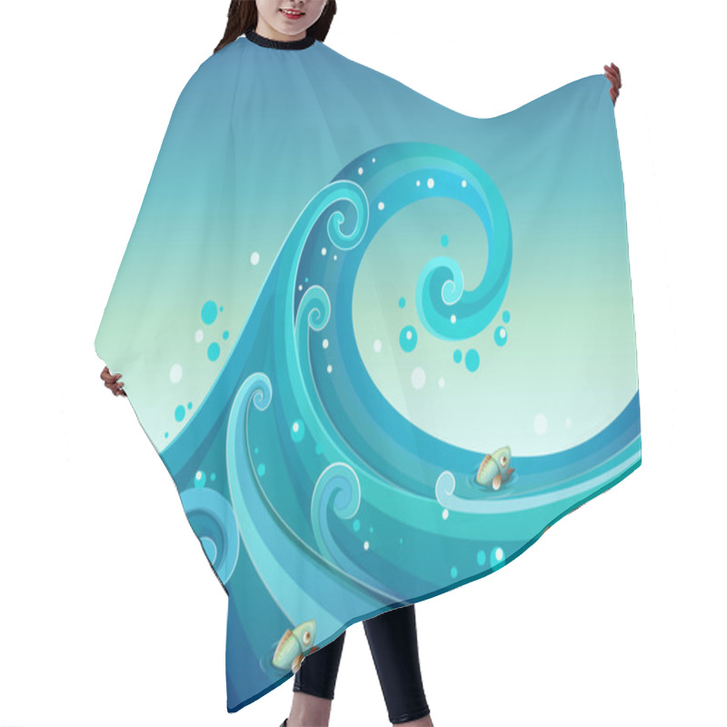 Personality  A Big Wave In The Sea With Fishes Hair Cutting Cape