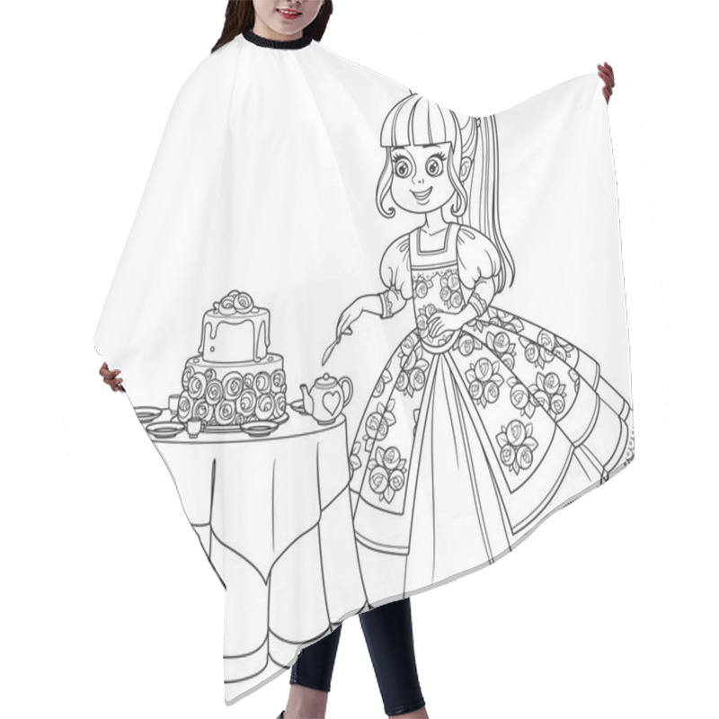 Personality  Beautiful Princess Near The Table With A Delicious Cakel Outlined Picture For Coloring Book On White Background Hair Cutting Cape