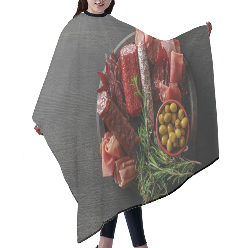 Personality  Top View Of Delicious Meat Platter Served With Olives And Herbs On Wooden Black Table Hair Cutting Cape