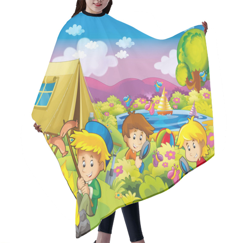 Personality  Cartoon Autumn Nature Background Near The Lake In The Mountains Kids Having Camping With Space For Text - Illustration For Children Hair Cutting Cape