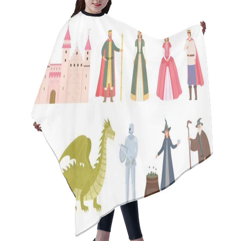 Personality  Fairytale Characters. Cartoon Medieval Prince And Princess, Dragon, Knight, Witch And Wizard. Magic Royal Castle, Queen And King Vector Set Hair Cutting Cape