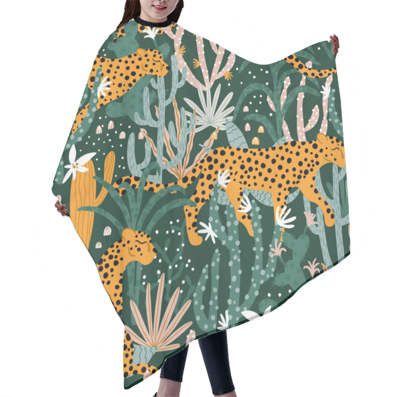 Personality  Leopard In Tropical Jungle Seamless Pattern. Vector Illustrations Of Animal, Plants, Cacti, Succulents In A Simple Cartoon Hand-drawn Style. Pastel Earthy Palette. Hair Cutting Cape