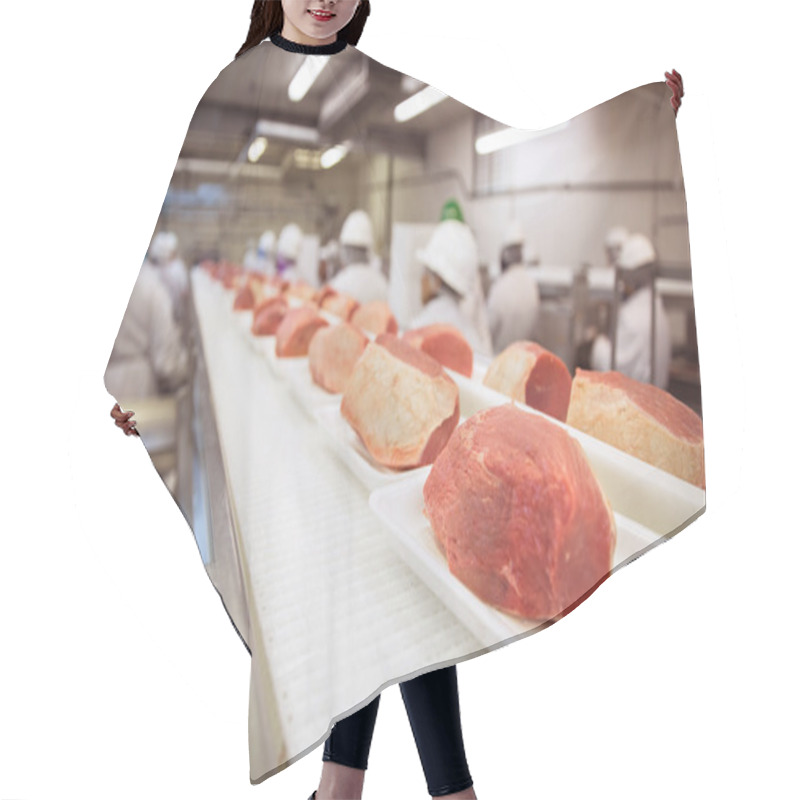 Personality  Factory Line Of Raw Pork Meat With Workers At Industrial Factory Hair Cutting Cape