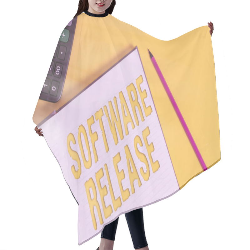 Personality  Conceptual Hand Writing Showing Software Release. Business Photo Text Sum Of Stages Of Development And Maturity For Program Open Hard Cover Notebook Pencil Marker Calculator Color Background. Hair Cutting Cape