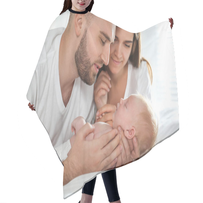 Personality  Happy Couple With Their Newborn Baby At Home Hair Cutting Cape