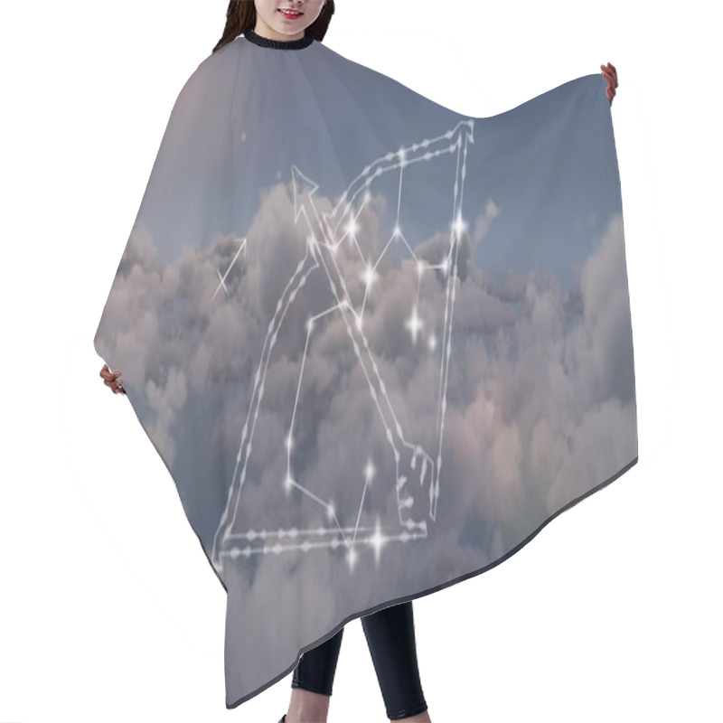 Personality  Image Of Sagittarius Star Sign Over Clouds In Sky In Background. Astrology, Horoscope And Zodiac Concept Digitally Generated Image. Hair Cutting Cape