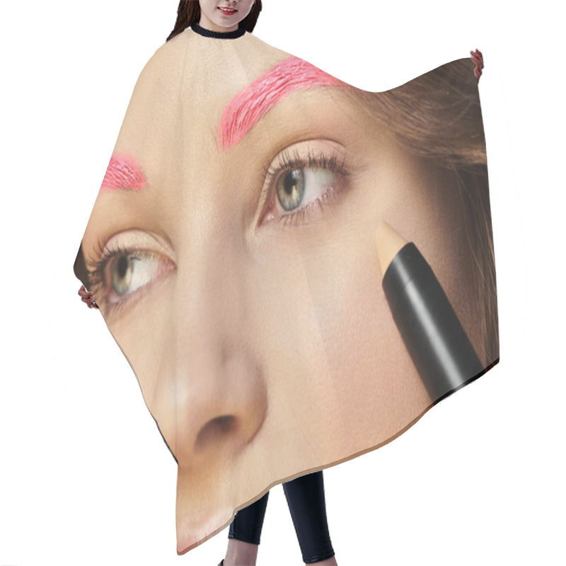 Personality  Attractive Young Woman Showcases Her Striking Pink Eyebrows While Enhancing Her Beauty Look. Hair Cutting Cape