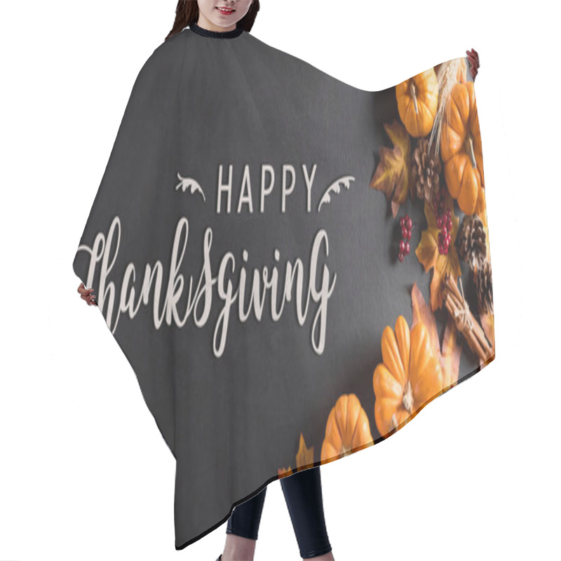 Personality  Autumn Background Decoration From Dry Leaves And Pumpkin On Dark Wooden Background.  Thanksgiving Concept. Hair Cutting Cape