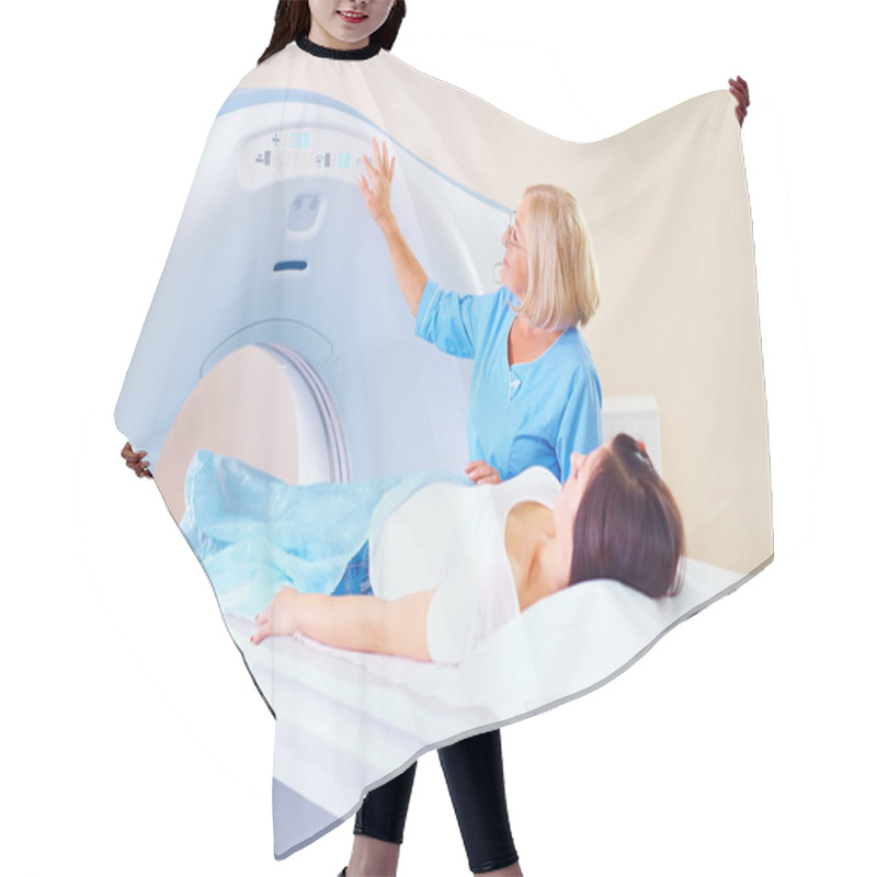 Personality  Mid Adult Medical Staff Preparing Patient To Tomography Hair Cutting Cape