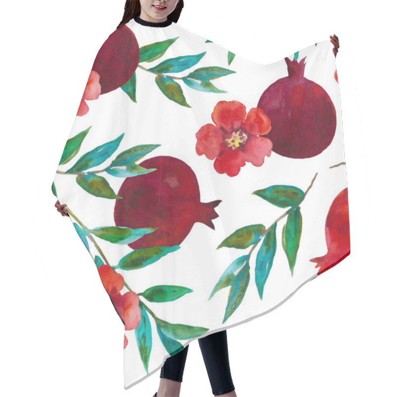 Personality  Watercolor Seamless Pattern With Pomegranate Flowers And Branches. Hand Painted Illustration.  Hair Cutting Cape