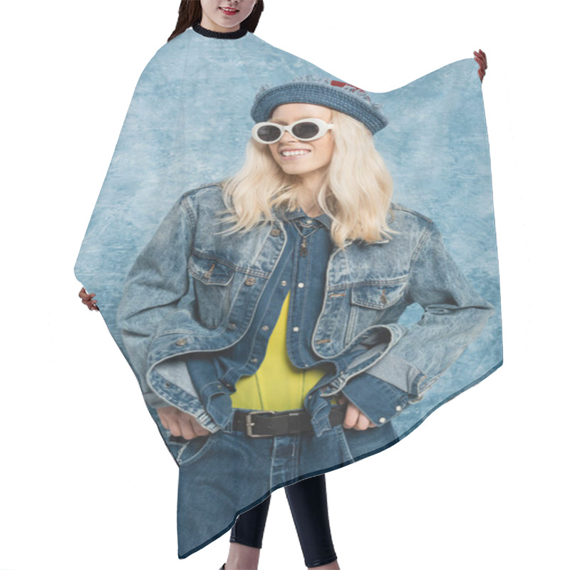 Personality  Happy Blonde Woman In Denim Panama Hat And Sunglasses Posing Near Blue Textured Background   Hair Cutting Cape