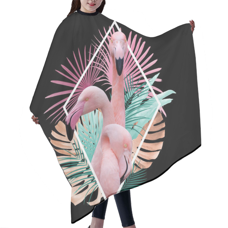 Personality  Tropical Leaves Flamingo Design In Light Pink, Golden, Turquoise On Black, Can Be Used As Background, Wallpaper  Hair Cutting Cape