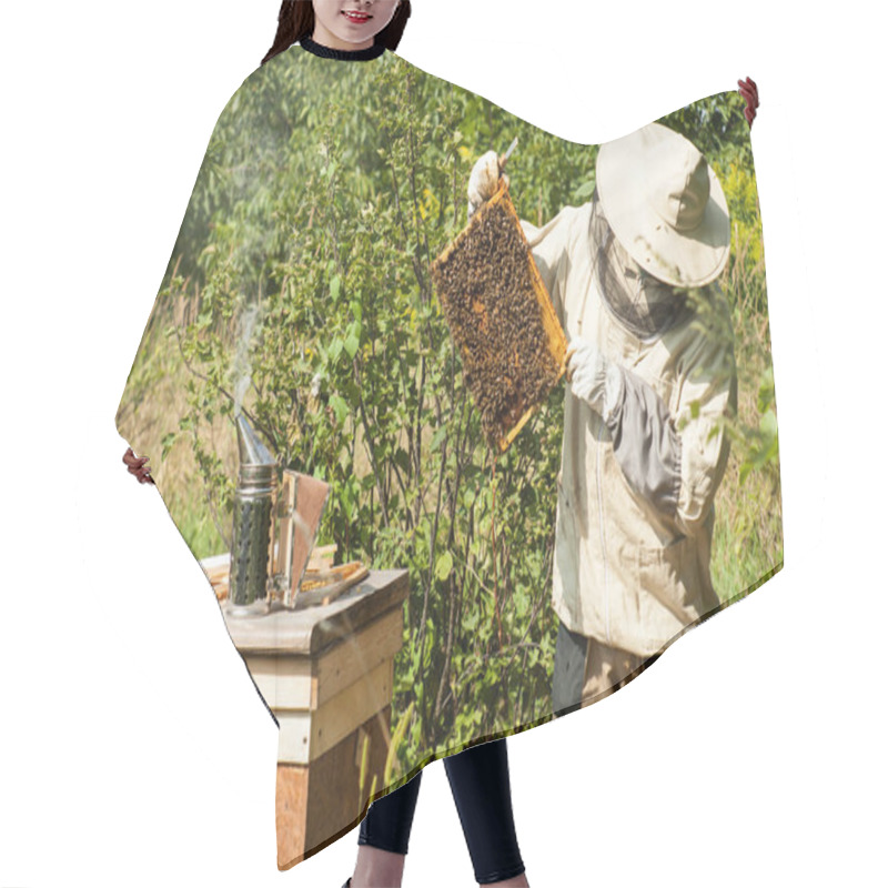 Personality  The Beekeeper Looks At The Beehive. Honey Collection And Bee Control. Bee Breeding And Bee Keeping. Hair Cutting Cape