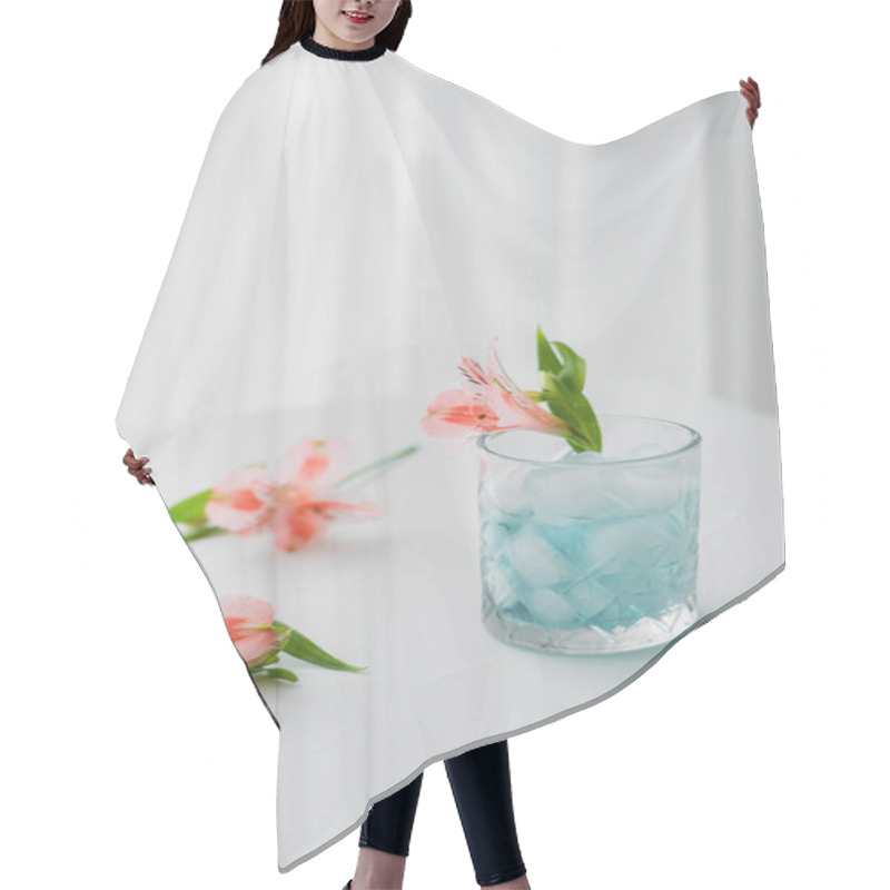 Personality  Glass With Cold Tonic And Pink Alstroemeria Flower On White Tabletop And Grey Background Hair Cutting Cape