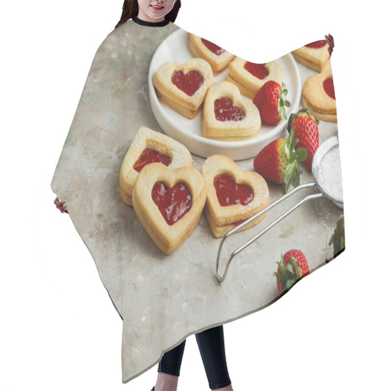 Personality  Cookies In The Form Of Hearts With Strawberry Jam, St. Valentine's Day Consept Hair Cutting Cape