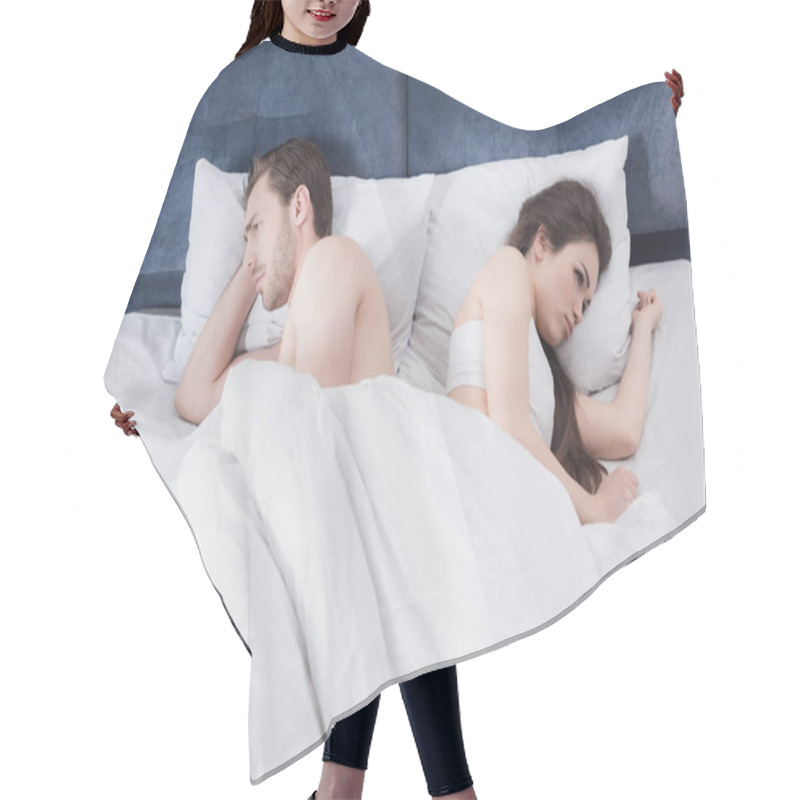 Personality  Couple In Bed After Argument Hair Cutting Cape