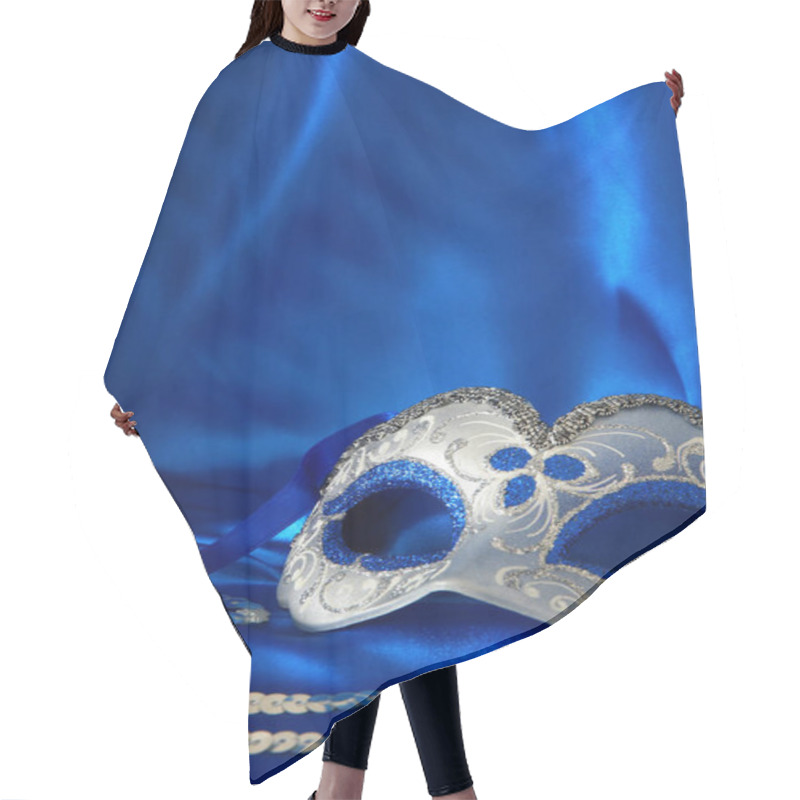 Personality  Image Of Elegant Venetian Mask Over Blue Silk Background. Hair Cutting Cape