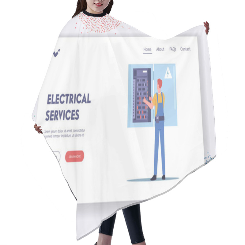 Personality  Electrical Services Landing Page Template. Energy And Electrical Safety. Electrician Character Examine Working Draft Hair Cutting Cape