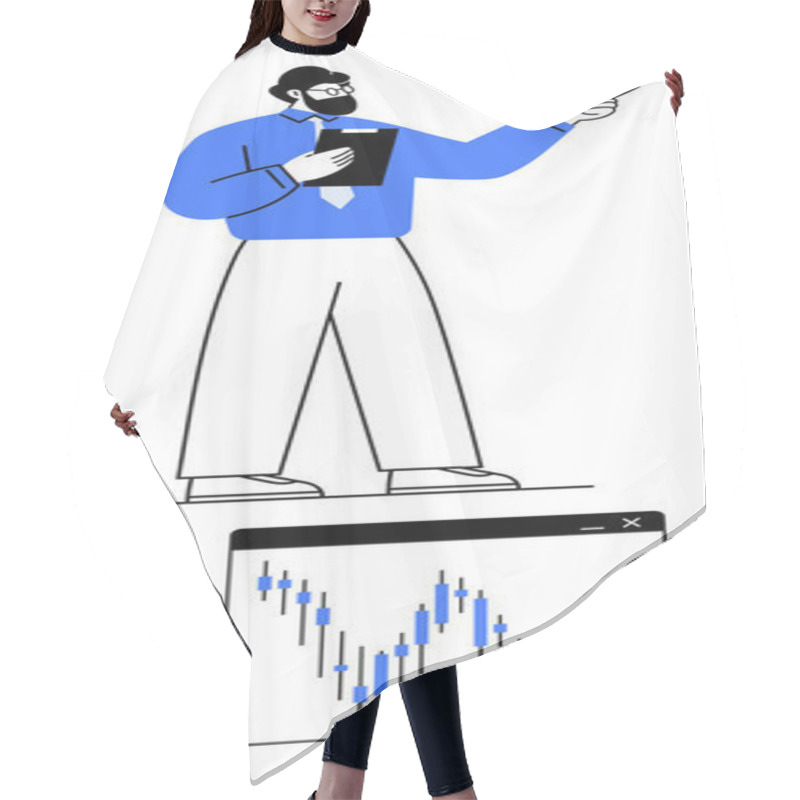 Personality  Business Professional In Blue Shirt Holding A Tablet And Pointing, Standing Next To Stock Market Trend Graph With Candlestick Chart. Ideal For Finance, Investment, Data Analysis, Trading, Business Hair Cutting Cape