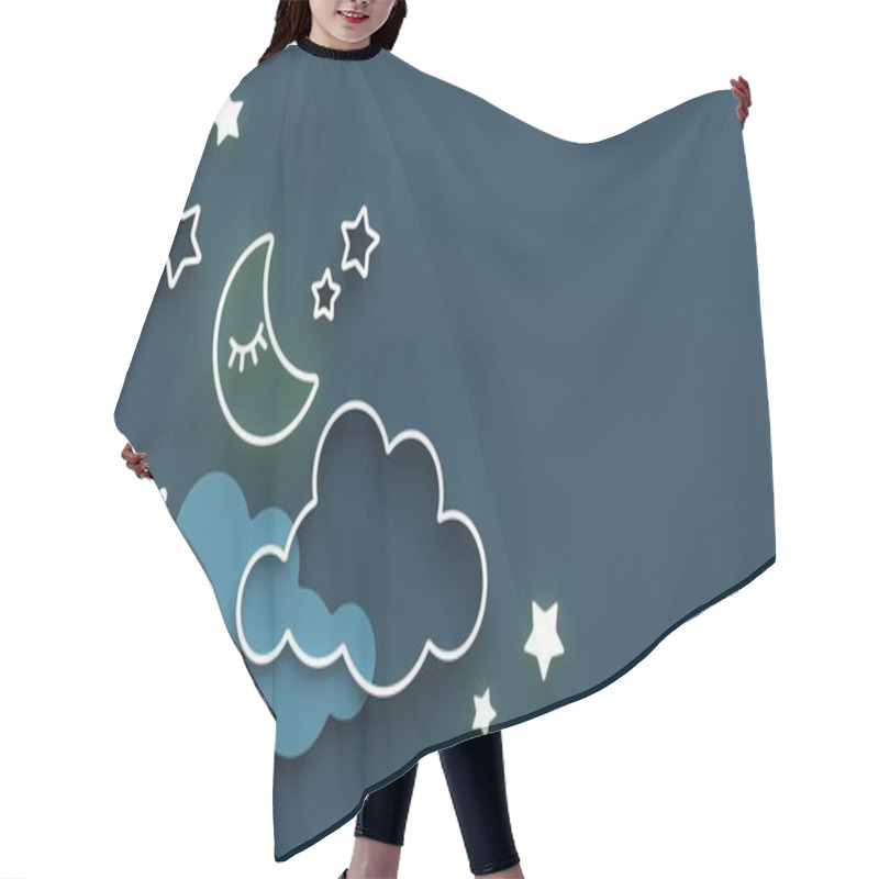 Personality  Cartoon Sleeping Moon, Clouds And Stars In The Night Sky. Wishing Good Night And Sweet Dreams. Greeting Card With Copy Space. 3D Render. Hair Cutting Cape