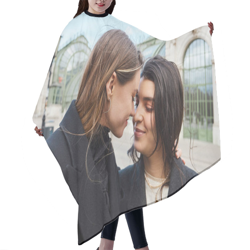 Personality  Cheerful Lesbian Couple In Coats Looking At Each Other Near Palmenhaus In Vienna On Background Hair Cutting Cape