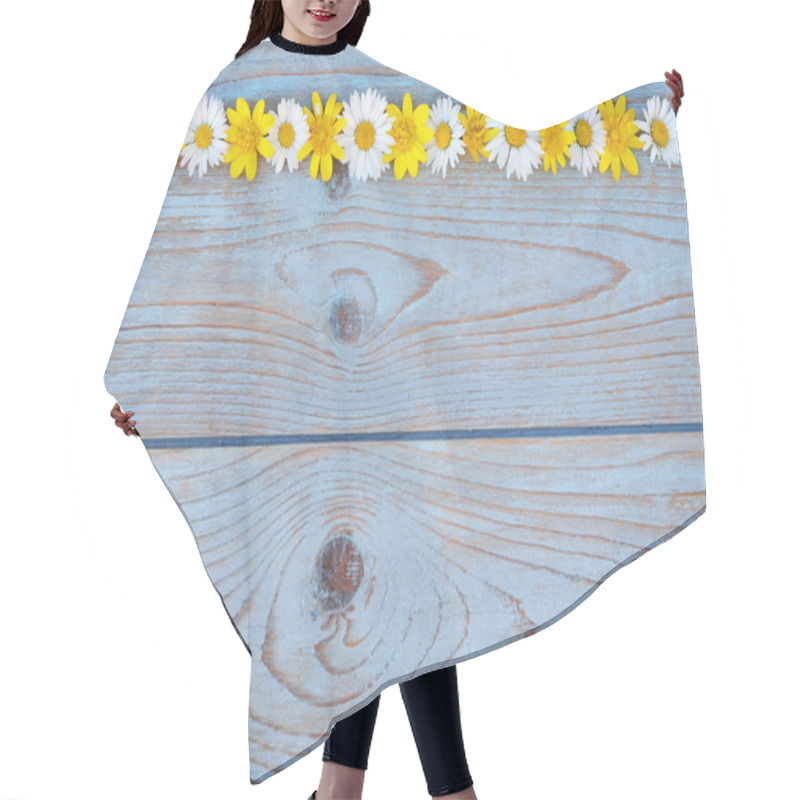 Personality  Border Row Of Spring Fieldflowers Such As Buttercups And Daisies On A Blue Grey Ols Used Knotted Wood With Empty Space Layout For Basic Moodboard Hair Cutting Cape