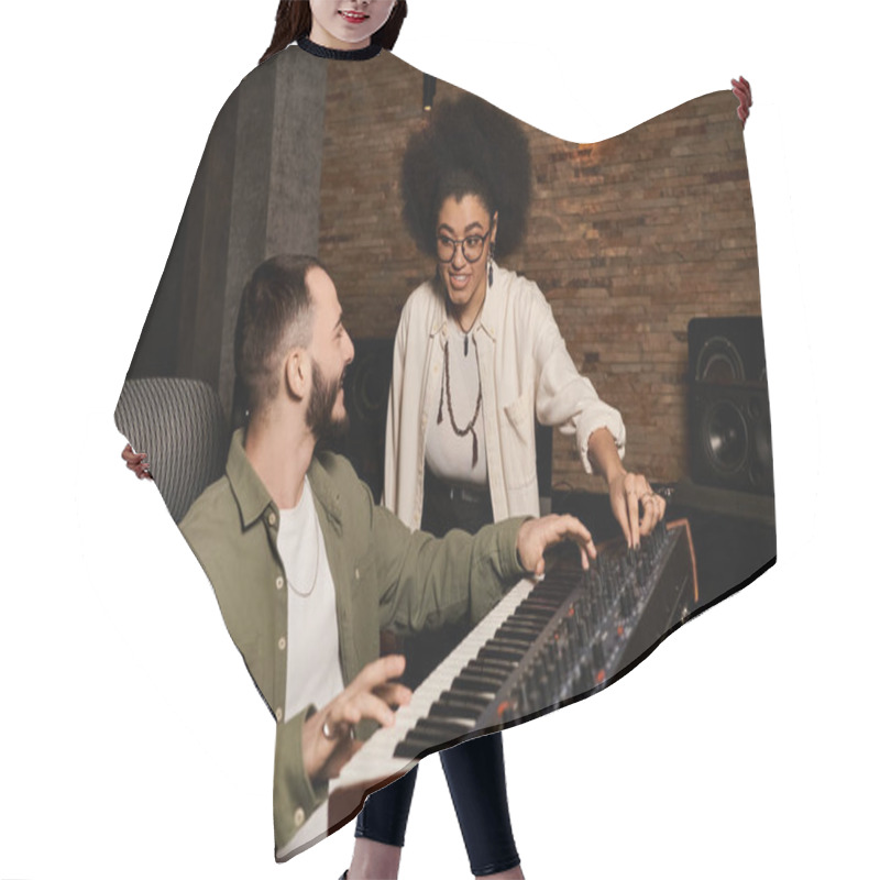 Personality  A Man And A Woman Collaborate In A Recording Studio, Immersed In Creating Music For Their Band Rehearsal. Hair Cutting Cape