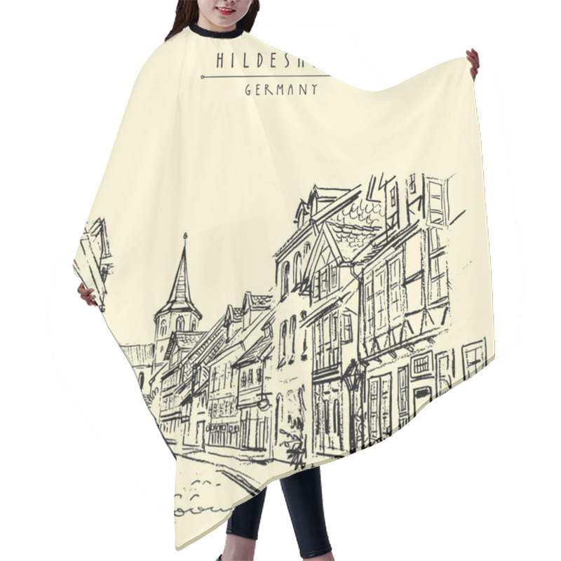 Personality  Hildesheim, Germany, Europe. Street In Old Town. Travel Sketch Of Fachwerk (timbered) Houses And Church. Vintage Hand Drawn Postcard. Vector Illustration Hair Cutting Cape