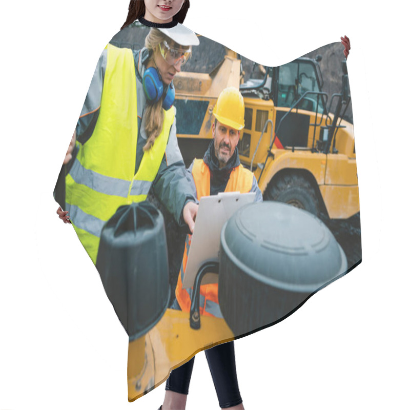 Personality  Woman And Man Worker In Quarry On Excavation Machine Hair Cutting Cape