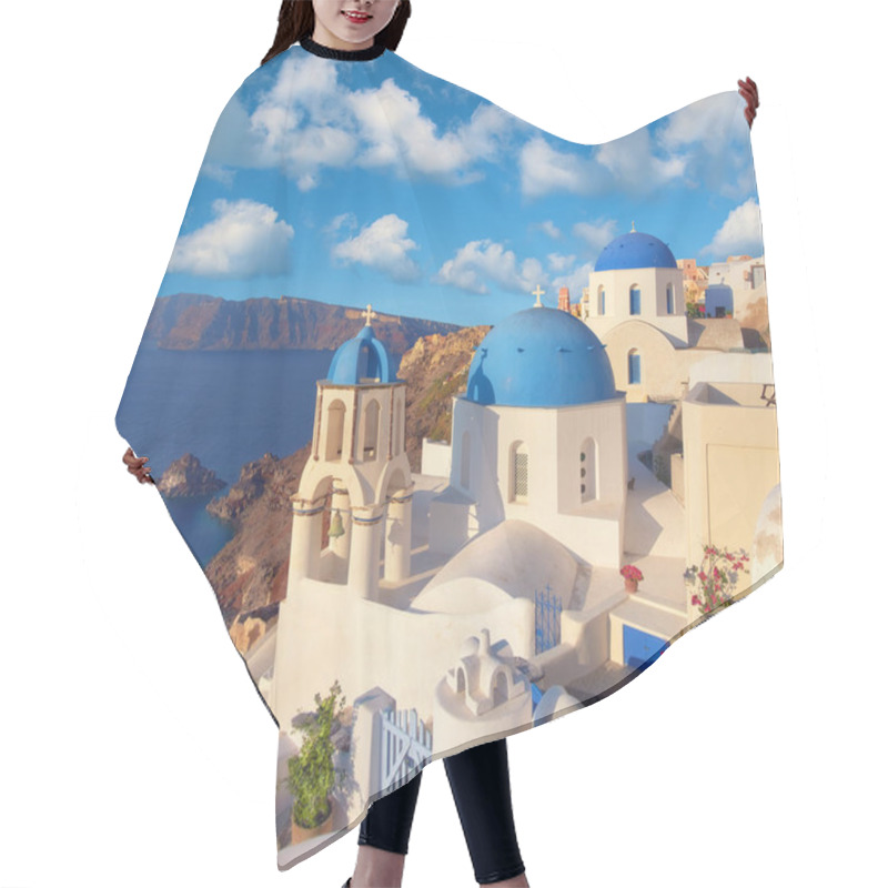 Personality  Local church with blue cupola in Oia village, Santorini island,  hair cutting cape