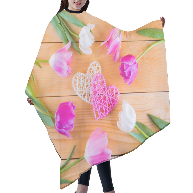 Personality  Bouquet Of Tender Pink Tulips With Wicker Hearts On Light Wooden Hair Cutting Cape