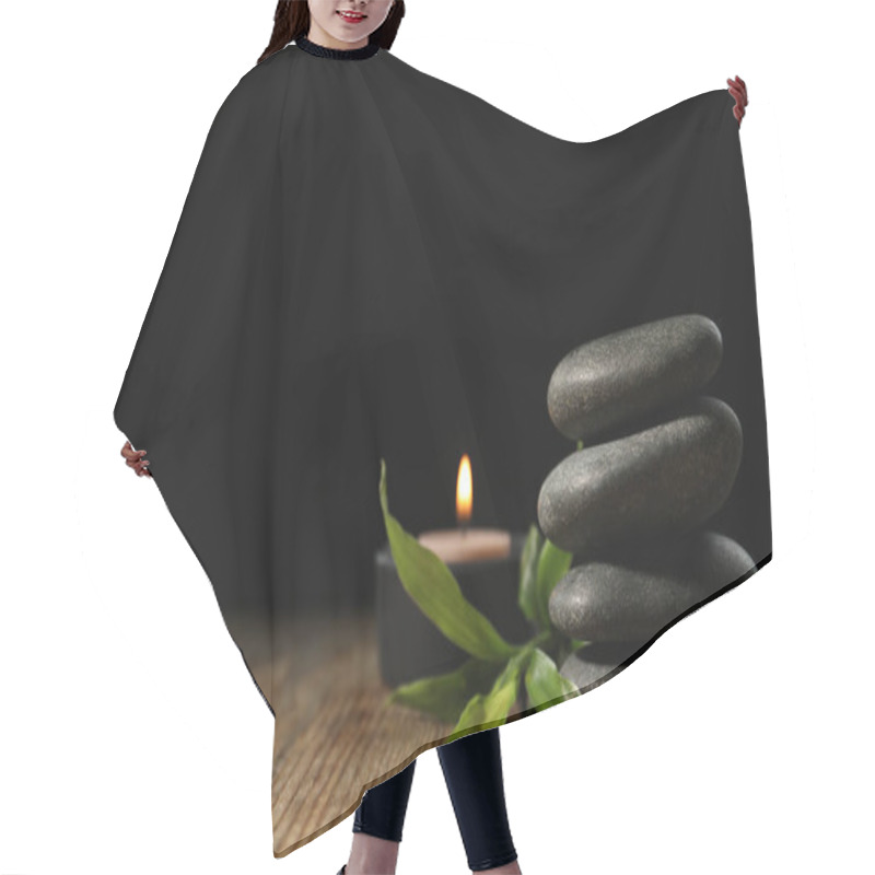 Personality  Spa Stones, Bamboo Sprout And Candle On Wooden Table Against Dark Background, Space For Text Hair Cutting Cape