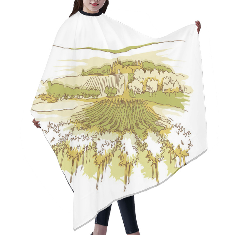 Personality  Hand Made Sketch Grape Fields And Vineyards. Hair Cutting Cape