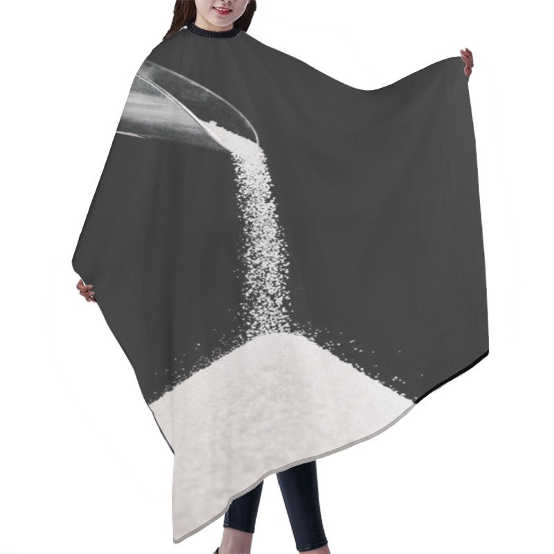 Personality  White Sugar Falling From Metal Scoop On Pile Isolated On Black Hair Cutting Cape