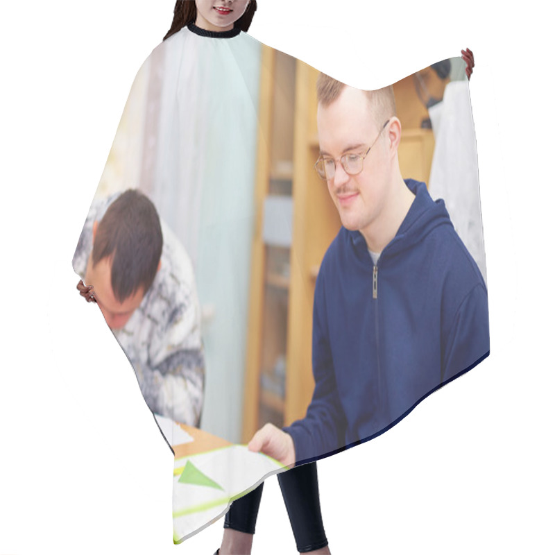 Personality  Young Adult Man Engages In Self Study, In Rehabilitation Center Hair Cutting Cape