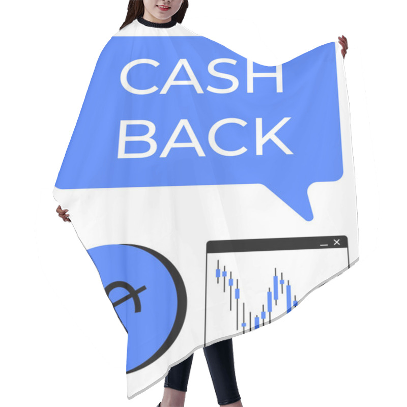 Personality  Cash Back Text In Speech Bubble, Currency Symbol And Market Chart. Ideal For Finance, Investment, Savings, Banking, Financial Literacy, Economic Growth Marketing. Line Metaphor Hair Cutting Cape